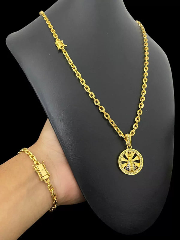 Kit Corrente e Pulseira Cadeado 5mm + Pingente Nossa Senhora